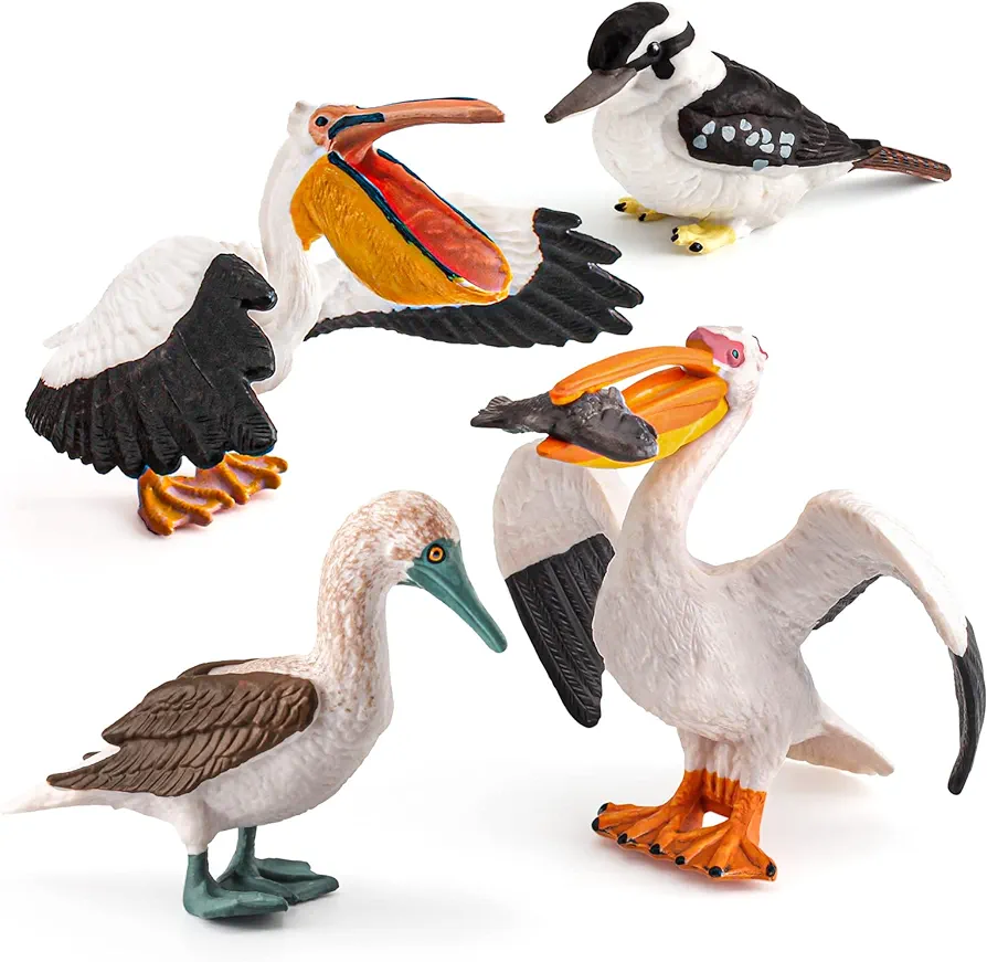 Atralo Service Wildlife Animal Bird Figures Playsets 4 PCS Pelican Kookaburra Blue-Footed Booby Figure Model Toy Desktop Decoration Collection Party Favors Toys for Boys Girls Kids