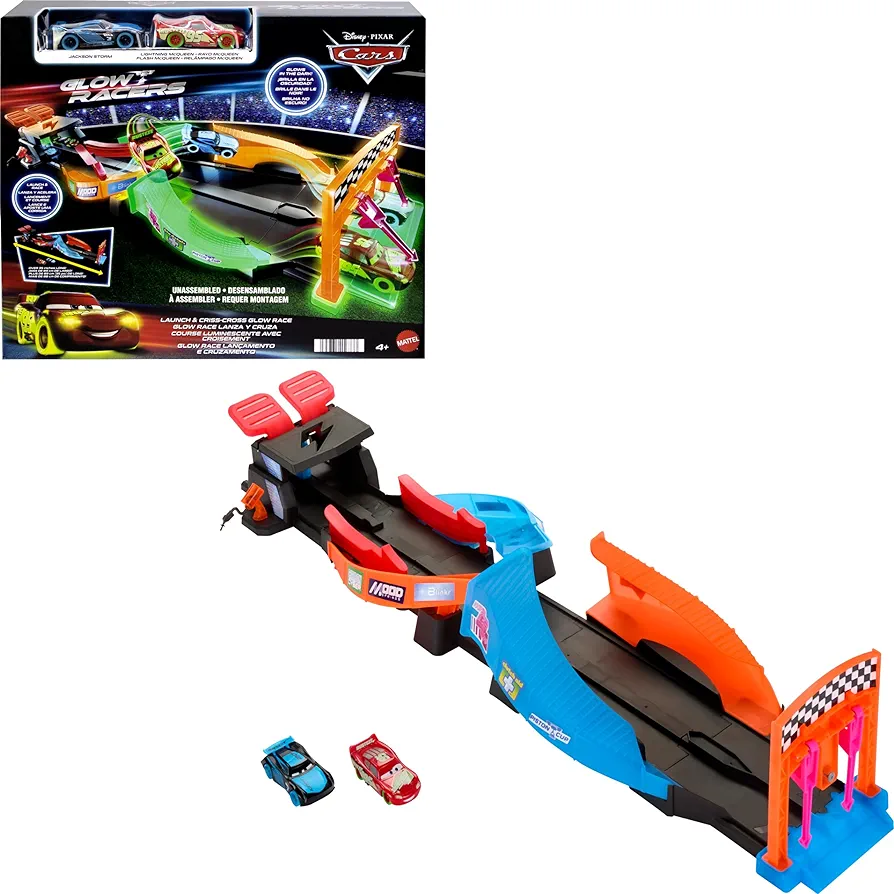 Mattel Disney and Pixar Cars Glow Racers Track Set, Launch & Criss-Cross Playset with 2 Toy Race Cars, 2 Modes, Glow-in-the-Dark