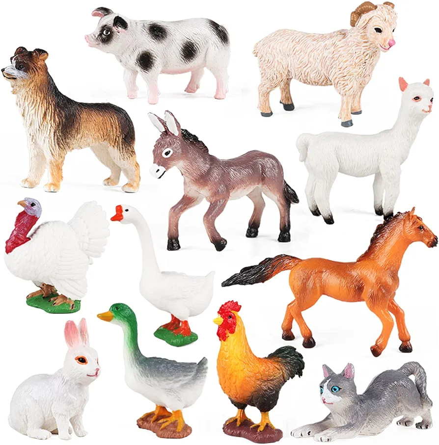 SIENON 12Pcs Farm Animal Figures Toys Realistic Plastic Farm Animal Figurines, Farm Animals Playset Educational Learning Toy Set, Farm Animal Cake Topper for Jungle Farm Theme Birthday Christmas Party