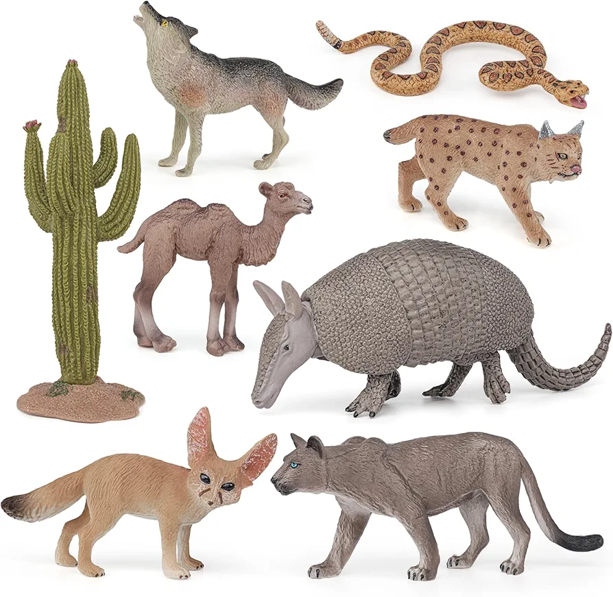 Desert Wild Animal Model Figures Playsets 8 PCS Cactus Armadillo Camel Fennec Fox Snake Meerkat Lynx Wolf Figurines Decoration Set Toys for Boys Girls Kids