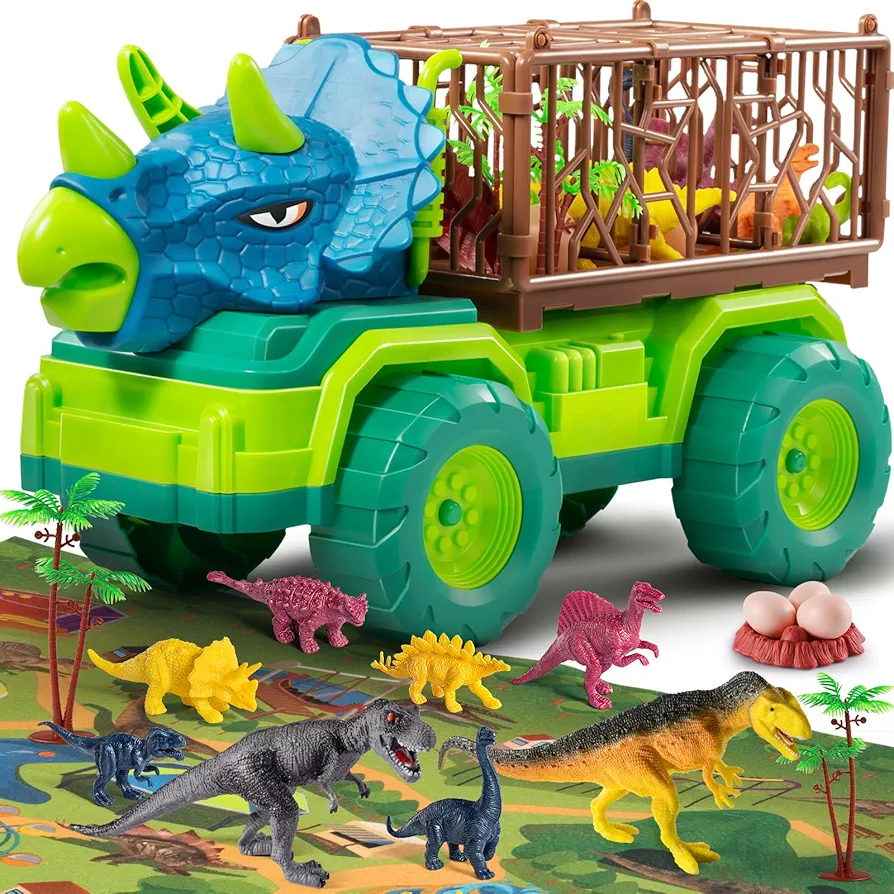 TEMI Dinosaur Truck Toy for Kids 3-5 Years, Triceratops Transport Car Carrier with 8 Dino Figures, Activity Play Mat, Dino Eggs and Trees, Capture Jurassic Dinosaurs Play Set for Boys and Girls