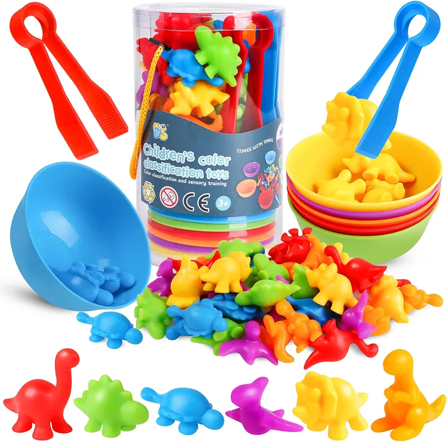 Counting Dinosaur Matching Toys with Sorting Bowls Montessori Preschool Educational Activities Learning Color Sorting Fine Motor Skills Sensory Toys Birthday Gift for 3 4 5 Year Old Boys Girls