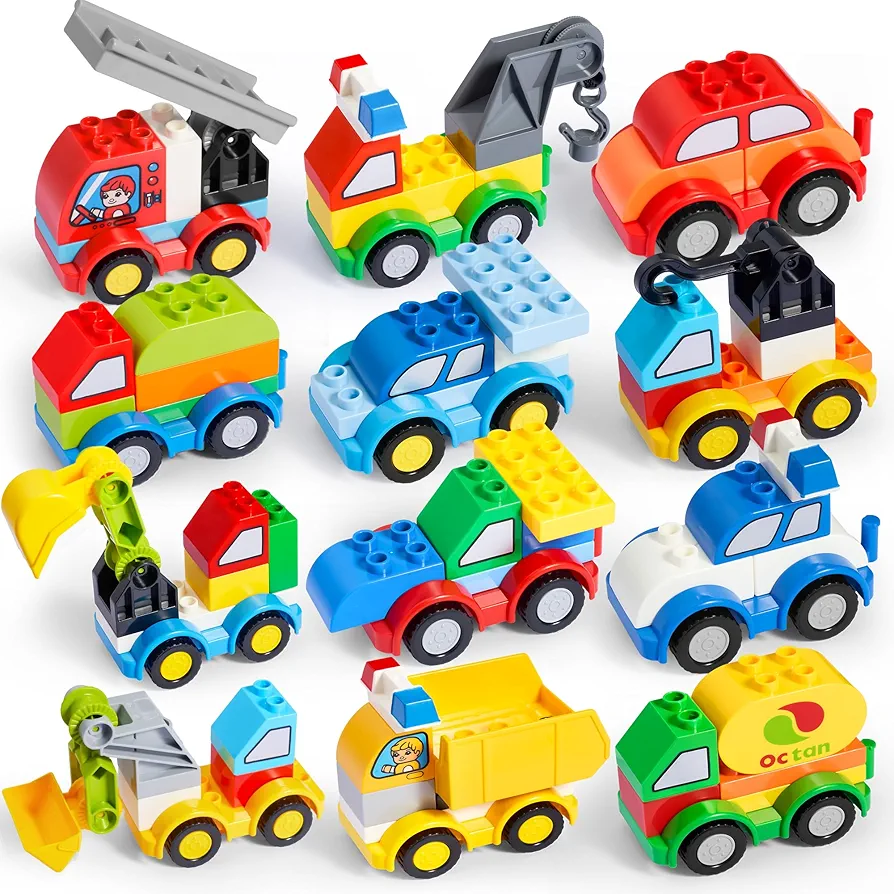 JOYIN 80Pcs Toddlers Car Building Blocks Set, 12Pcs Different Vehicles, Build Your Own Toy Cars, Compatible with Brand Name Building Bricks for Kids Boys Girls Birthday Easter Gift