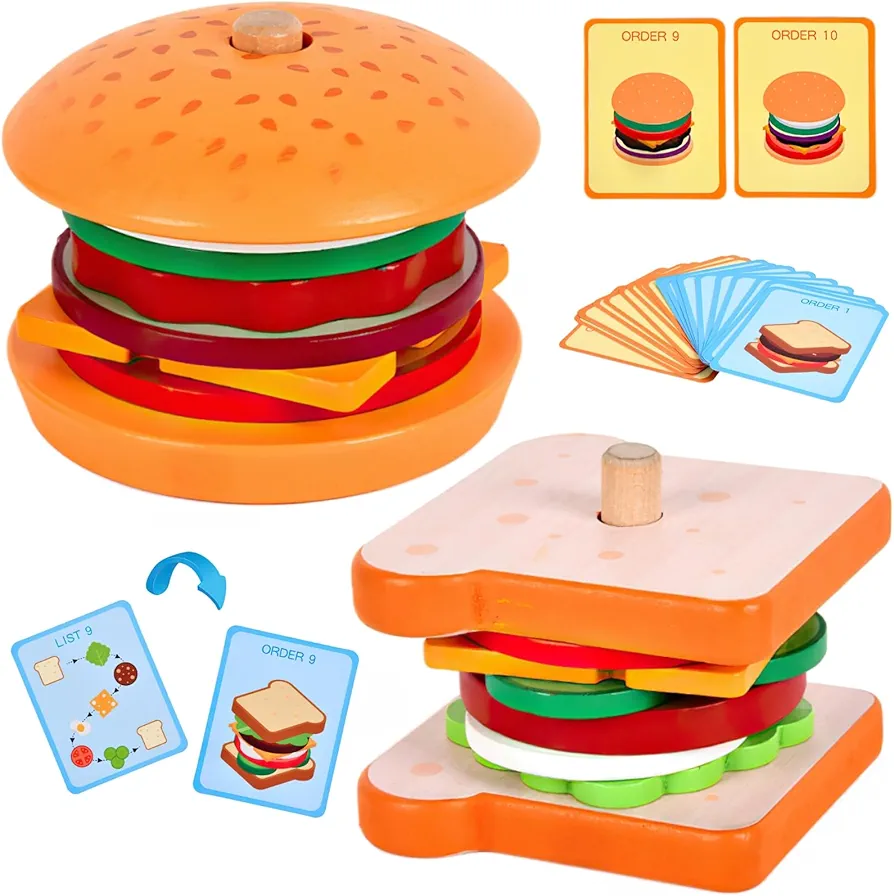 Wooden Burger Sandwich Stacking Toys for Kids, Play Food Toy for Toddlers, Montessori Toys for 3 Year Old, Preschool Educational Toys to Develop Fine Motor Skills