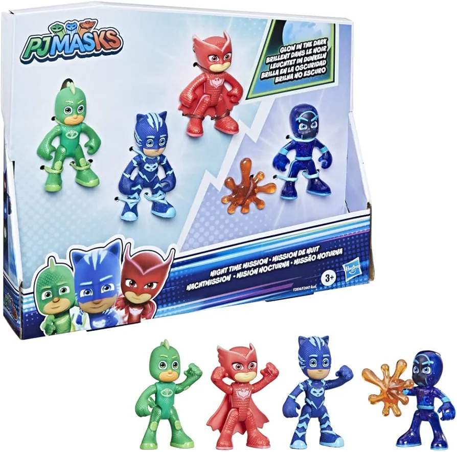 PJ Masks Night Time Mission Glow-in-The-Dark Action Figure Set, Preschool Toy for Kids Ages 3 and Up, 4 Figures and 1 Accessory