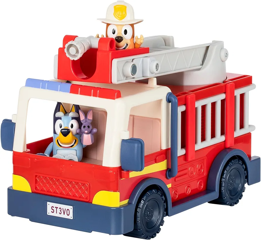 BLUEY Firetruck | Firetruck, Exclusive Firefighter Bingo and Bob Bilby Figures | Raise The Ladder, Spin It Around and Roll Out The Hose | includes Sticker Sheet