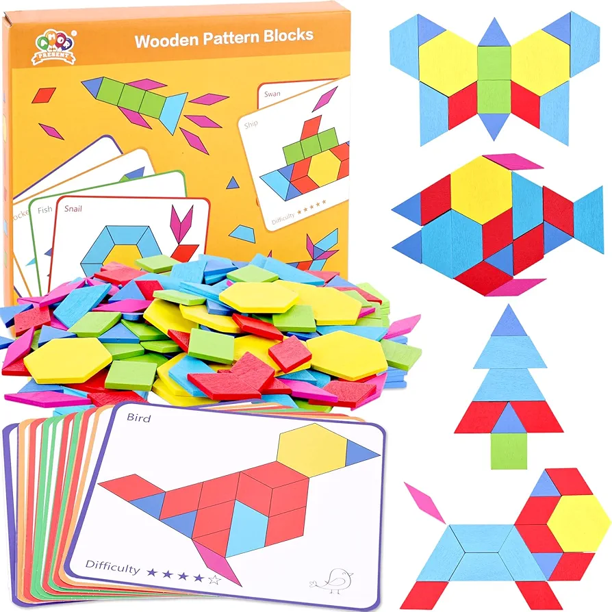 AMOR PRESENT 150PCS Wooden Pattern Blocks, Pattern Blocks Geometric Shapes Blocks with Cards Tangram Puzzles for Kids Preschool Learning