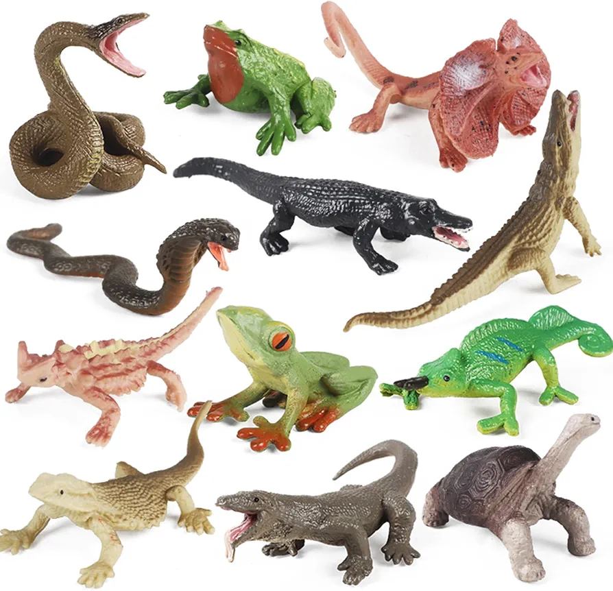 12PCS Realistic Reptile Animal Figurine Set,Cold Blooded Amphibians Wild Animal Figures Toy with Lizard Komodo Dragon Snake Alligator for Kids and Toddlers 3+