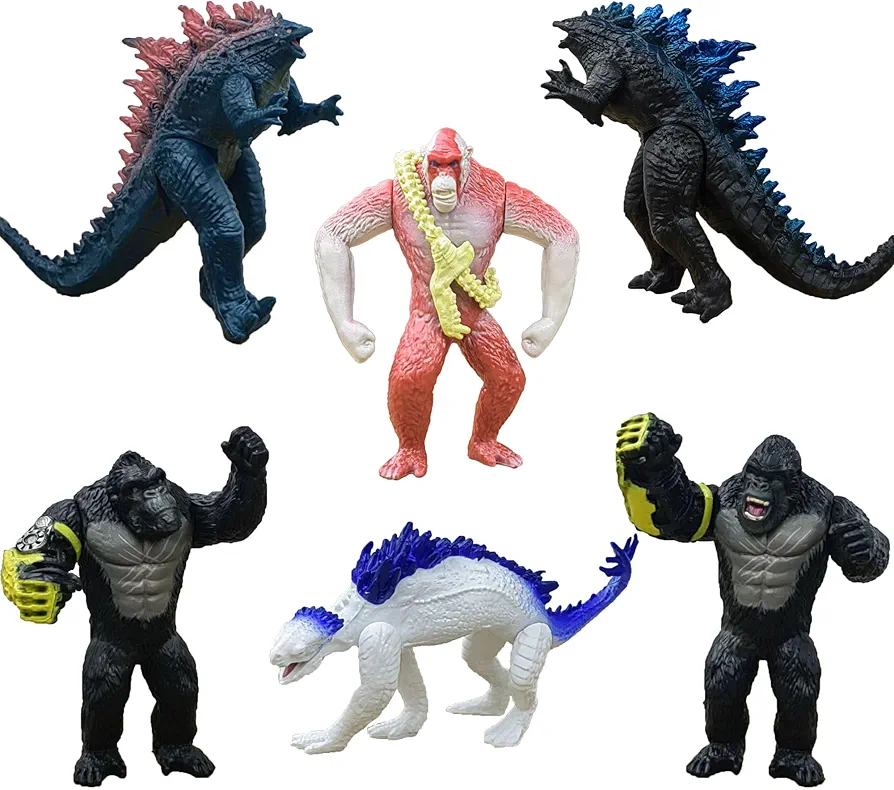 6 pack of dinosaur and King Kong monster stuffed animals, poseable playsets, miniature figure sets, children's birthday gifts, including 6 monster toys of Shimo and Skar King for party supplies.