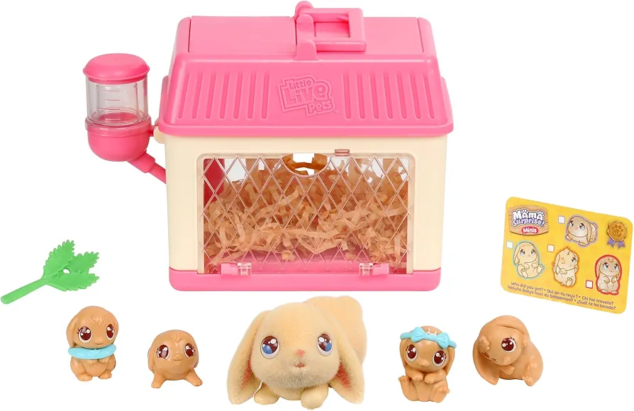 Little Live Pets - Mama Surprise Minis. Feed and Nurture a Lil' Bunny Inside Their Hutch so she can be a Mama. She has 2, 3, or 4 Babies with Accessories to Dress Up The Babies