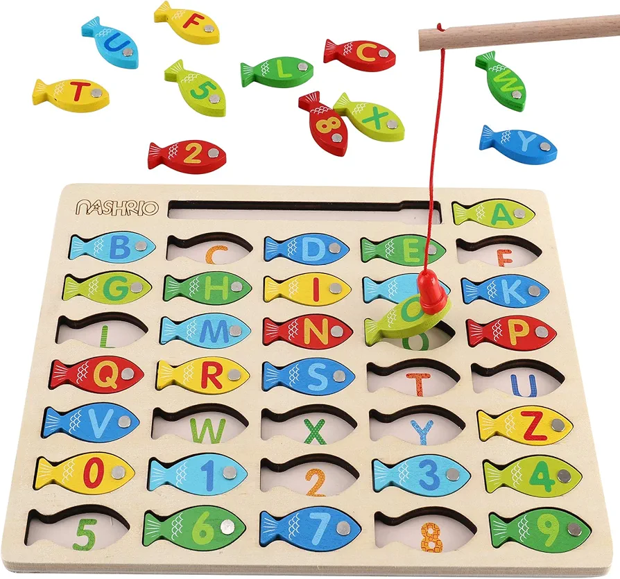 Magnetic Wooden Fishing Game Toy for Toddlers, Alphabet Fish Catching Counting Games Puzzle with Numbers and Letters, Preschool Learning ABC Math Educational Toys 3 4 5 Years Old Girl Boy Kids