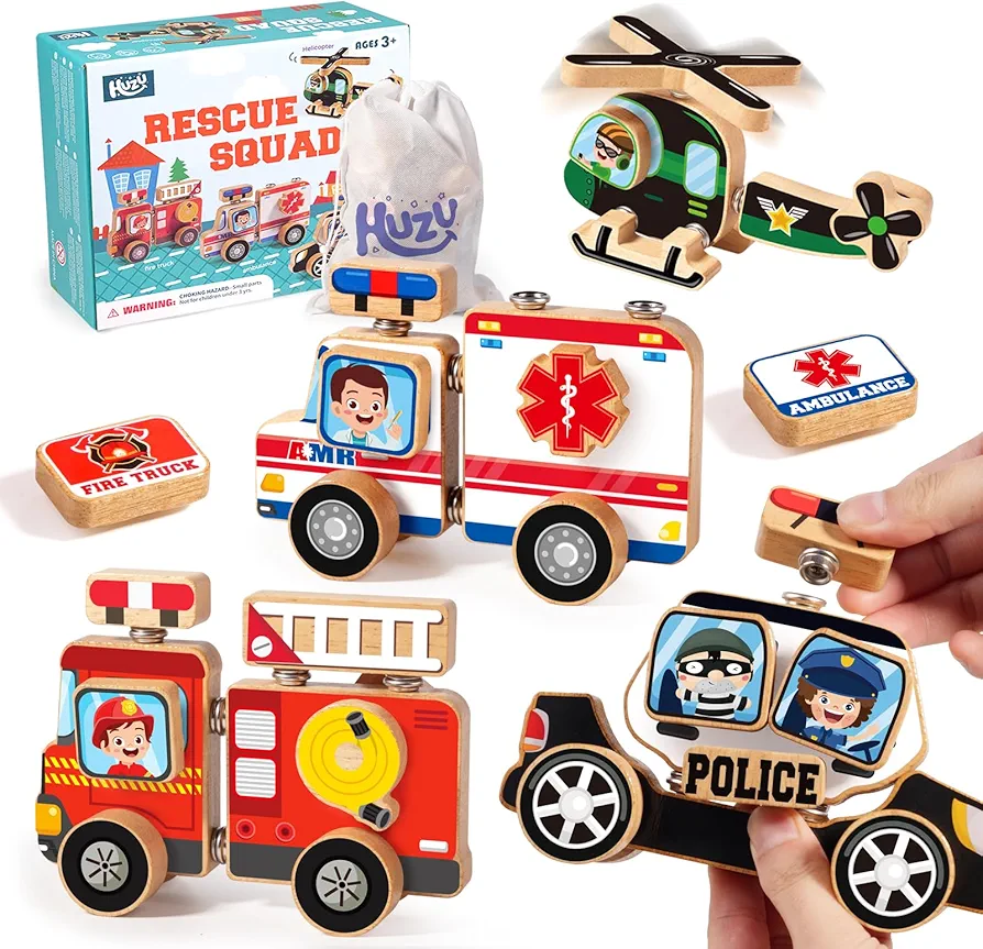 Emergency Vehicle 3D Car Puzzle Wooden Toy, Snap Button Connect Building Block, Take Apart Rescue Police Car Fire Truck Ambulance Helicopter Playset, STEM Montessori Fine Motor Skill Gift Kid 3-8