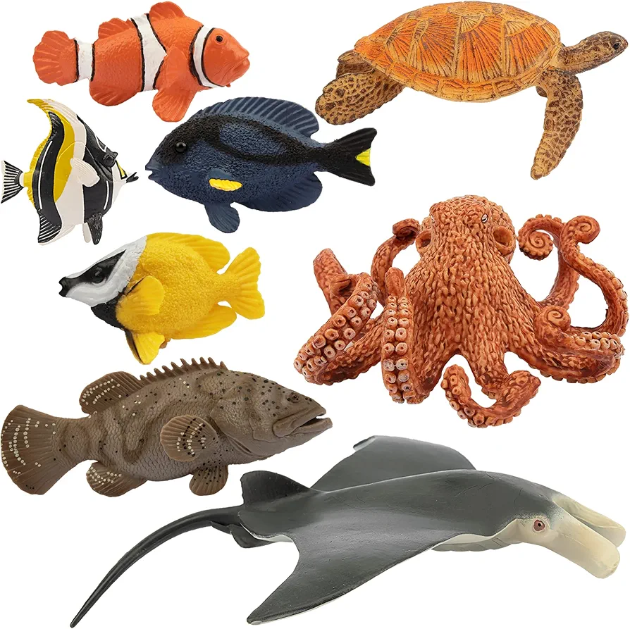 Toymany 8-Piece Sea Creature Figurine Set: Ocean Animals Toys for Kids, Baby Shower Cake Toppers