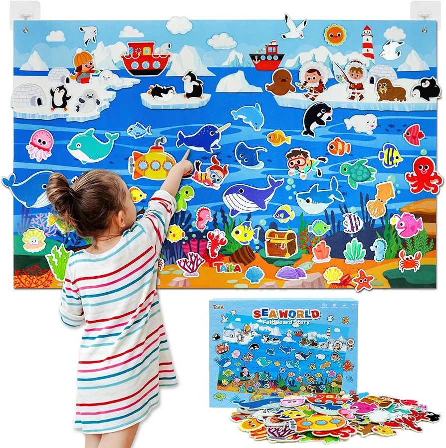 Taika 70 Pcs Ocean Felt Story Board Set, 43x28 inch Interactive Felt Board, Fuzzy Flannel Board, Preschool Storytelling, Classroom Educational Learning Play Kit, Interactive Teaching Kit for 3 years +