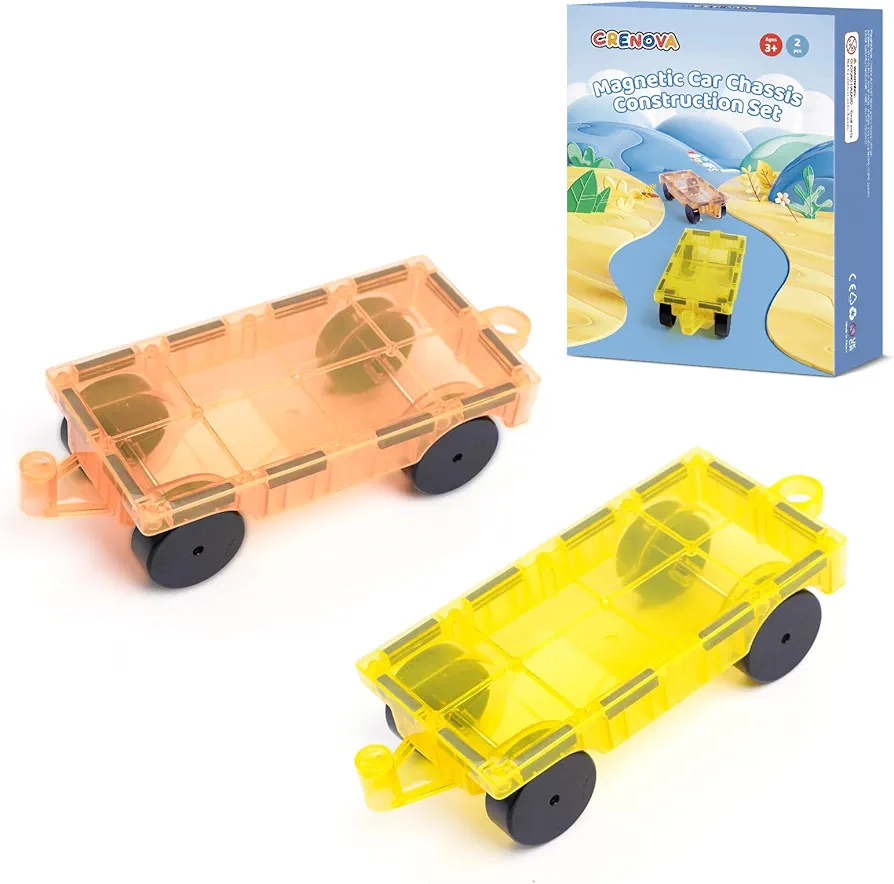 Crenova 2 Pcs Magnetic Cars Truck Compatible with Magnetic Tile, Kids Educational Building Tile Magnetic Blocks Puzzle Magnets Toys, Magnetic Construction Set for Girls Boys Toddler Ages 3+