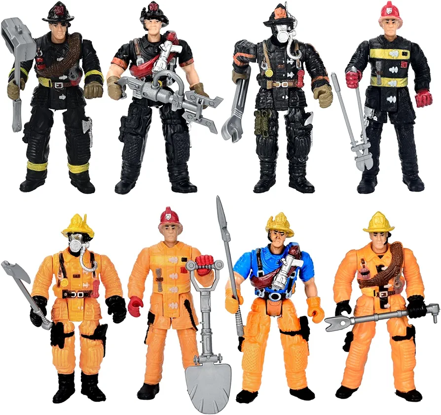 HAPTIME 8 Pieces Firefighter Action Figures, Fireman Toys for 3 4 5 6 7+ Year Old Boys, 4-Inch Toy Figure & Playsets with Accessories, Ideal Gifts for Boys Girls Kids Party Favor