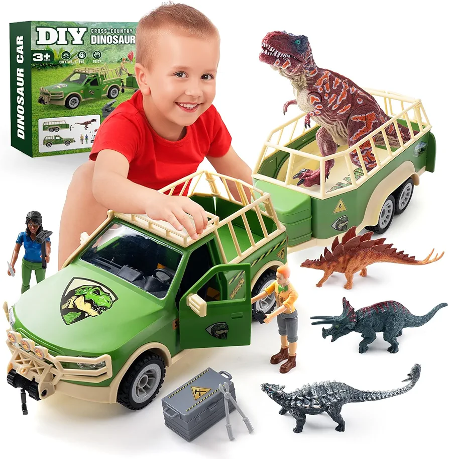 Dinosaur Toys for Kids 3-5, DIY Cross-Country Vehicle T. rex Dinosaur Car, Including 4 Dino Figures, 2 Medium Figures, Capture Jurassic Play Set, Fun Birthday Gift for Kids Ages 3 and Up