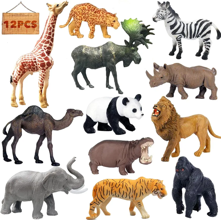 RUSON 12 Pcs Realistic Jungle Animal Figurines, Safari Animals Figures Toys Cake Topper Plastic African Wild Zoo Animals Playset Party Supplies for Kids Toddlers