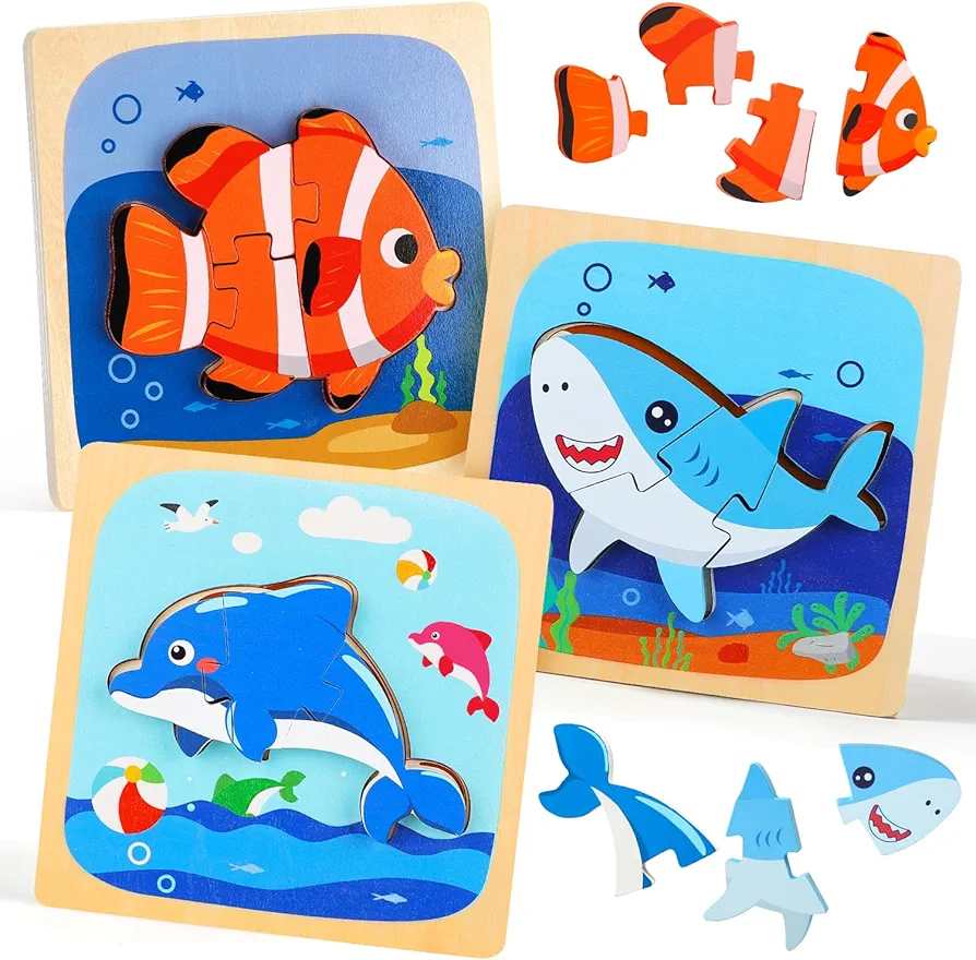 TOY Life 3 Piece Toddler Puzzles Ages 2-4, Wooden Animal Shape Puzzle for Toddlers 1-3, Educational Montessori Toys for 1 2 3 Year Old Baby Boys Girls, STEM Learning Preschool Toys Game Gifts for Kids