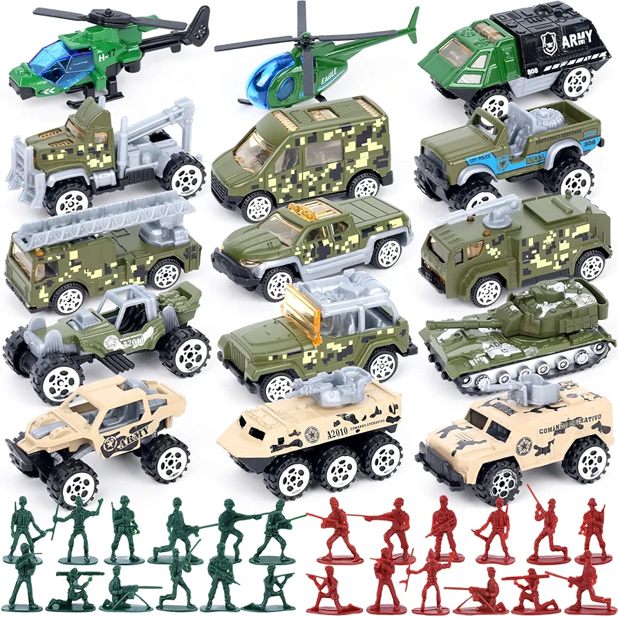 AMOR PRESENT 115PCS Army Men Military Set, Toy Soldiers Set and Alloy Metal Military Vehicles Die Cast Car Models for Kids Birthday Easter Gift Party Favors