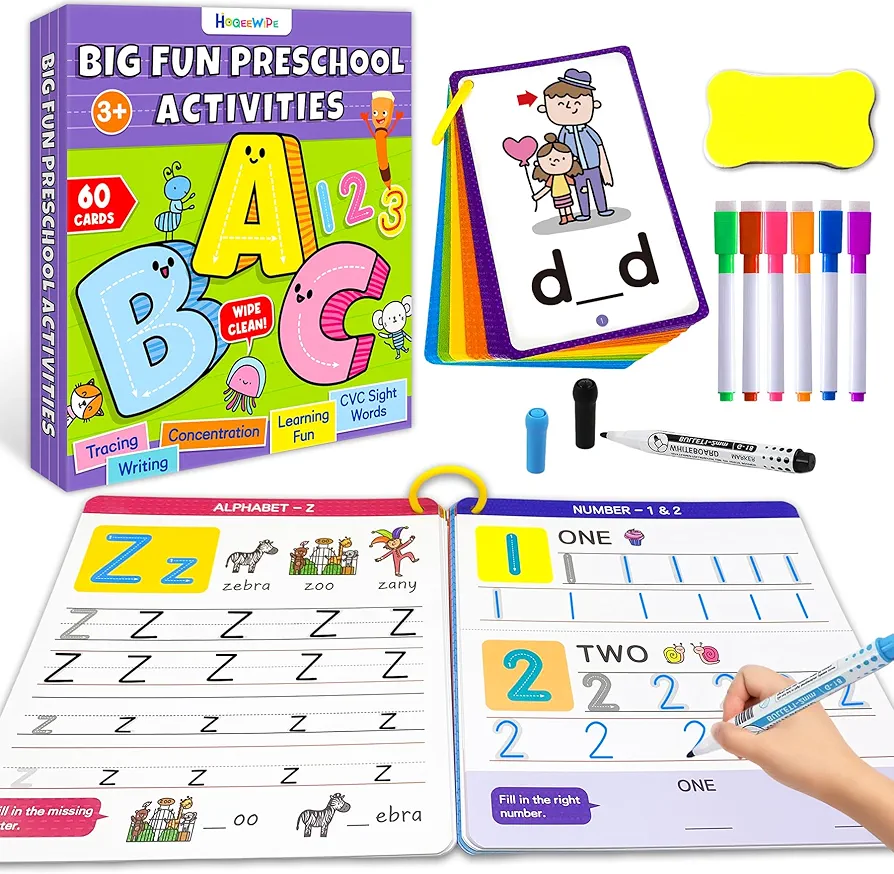 Preschool Learning Activities Letter Number Handwriting Practice Book for Kids CVC Word Writing & Spelling Card, Kindergarten Educational Learning Toys Girl Boy Ages 3 4 5 6 Year Old