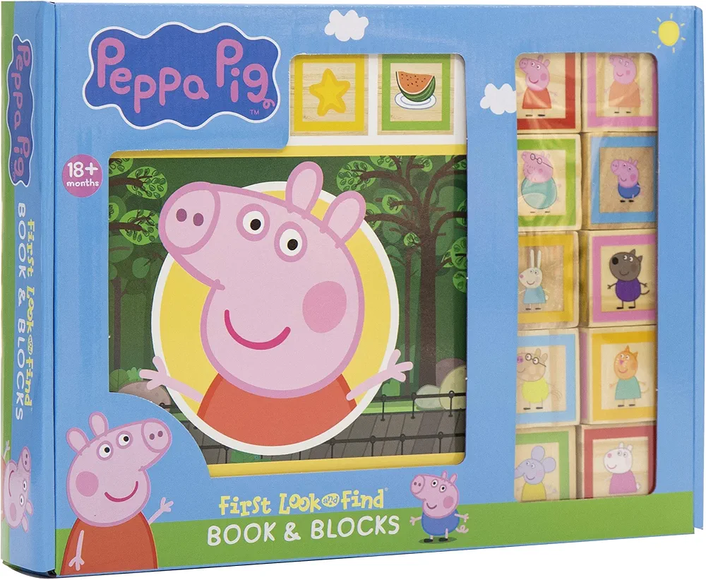 Peppa Pig - 10 Wooden Blocks and Interactive First Look and Find Board Book Set - PI Kids