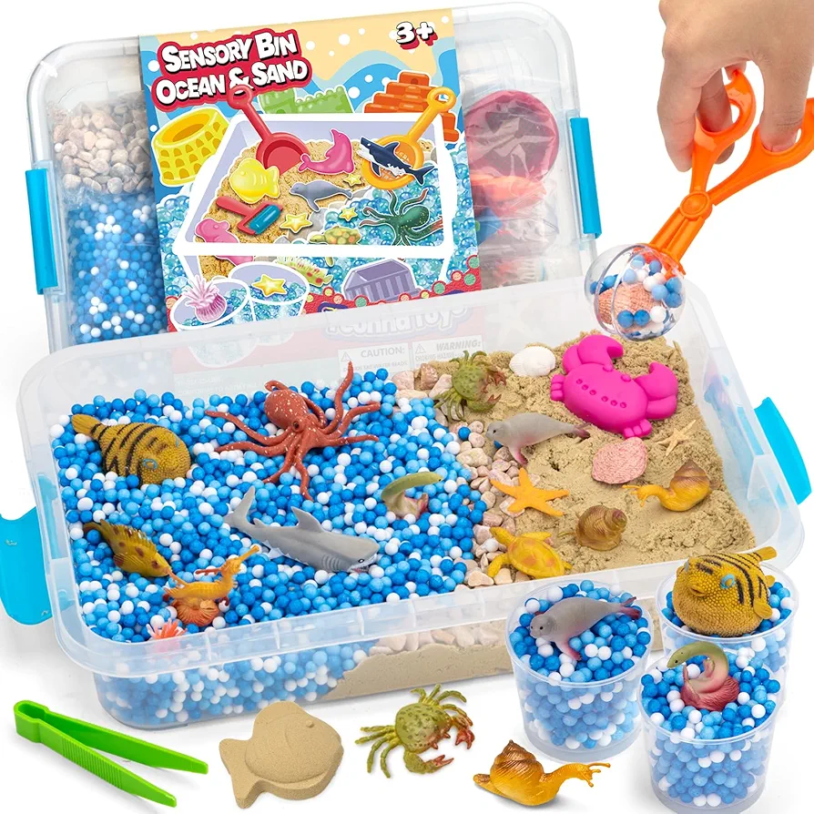 Ocean&Sand Sensory Bin with Lid, 42 Pcs Sensory Sand Kit with Sea Animals for Kids, Birthday for Boys Girls, Preschool Learning Activities Tools Box, Outdoor Sandbox Toys for Toddlers