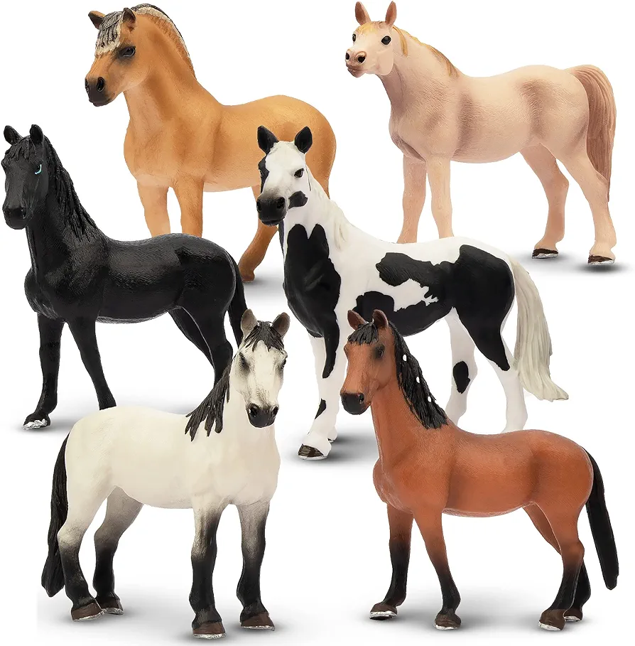 Toymany 6PCS 5" Realistic Plastic Large Horse Figurines Set, Detailed Textures Foal Pony Animal Toy Figures, Christmas Birthday Gift Decoration for Kids Toddlers Children