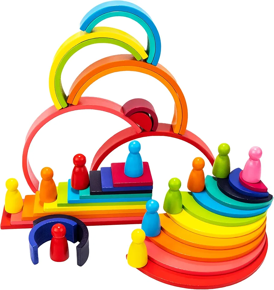 Wooden Rianbow Stacker Playset, 4-in-1 Rainbow Stacking Toys Building Blocks for Kids Ages 3 4 5 Preschool Montessori Toys Christmas Birthday Gifts for Toddlers Boys Girls 3-5 (45 Pieces)