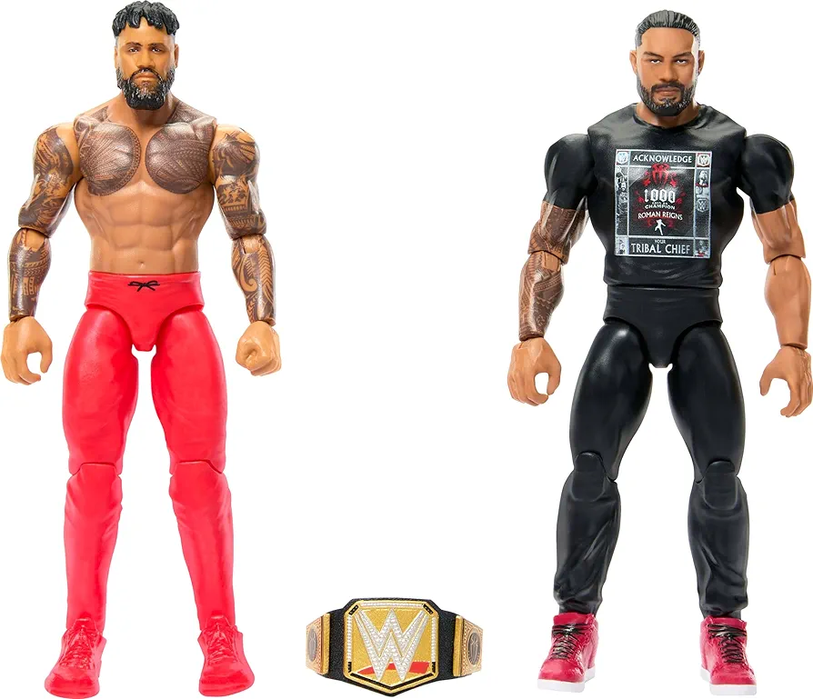 Mattel WWE Main Event Championship Showdown 2-Pack Action Figures & Accessory, Series Roman Reigns vs Jey Uso Collectible Set​