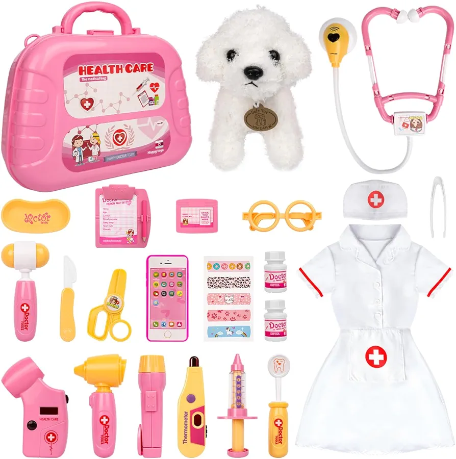 Meland Toy Doctor Kit for Girls - Veterinarian Playset for Girls with Medical Toys, Doctor Costume for Girls Age 3,4,5,6 Year Old for Pretend Play, Christmas Birthday Gift for Toddler Preschool Girls