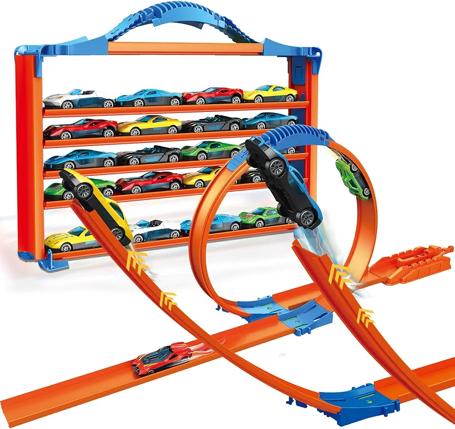 Racing Car Loop Track City Transforming Toy Set with 20 Mini Metal Cars Ramp Gifts for Kids Toddlers Boys 3-5 Year Old,Indoor Game Toy