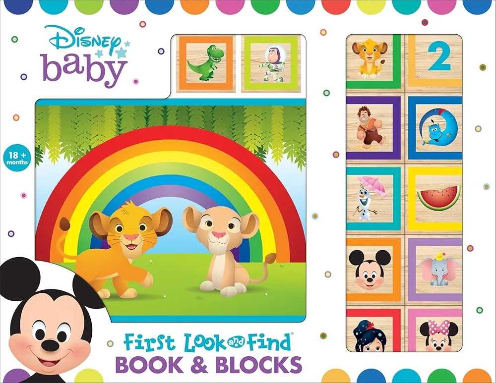 Disney Baby Mickey, Minnie Mouse, Frozen and More! - 10 Wooden Blocks and Interactive First Look and Find Board Book Set - PI Kids