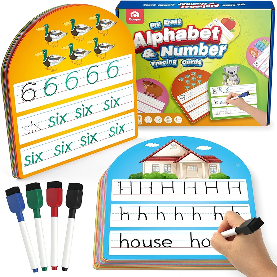 Coogam 36pcs Alphabet Number Practice Cards, Write and Wipe Alphabet Flashcards, Double Sided Dry Erase ABC Letter Tracing Cards, Educational Montessori Toy for Preschool Kids 3 4 5 Year Old