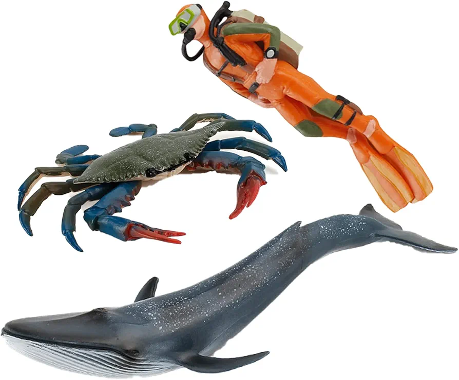 Ocean Sea Marine Animal Figure Toys Playsets 3 PCS Diver Blue Whale Green Crab Model Toy Desktop Decoration Collection Party Favors Toys for Boys Girls Kids