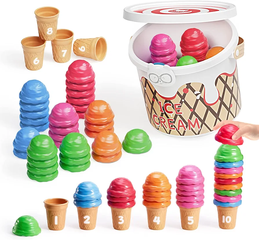 Ice Cream Preschool Learning Activities Counting and Color Sorting Set Stacking Toys for Kids 3-5, Montessori Stacking Fine Motor Skills Toys, 65PCS Math Manipulatives Learning Resources Toys