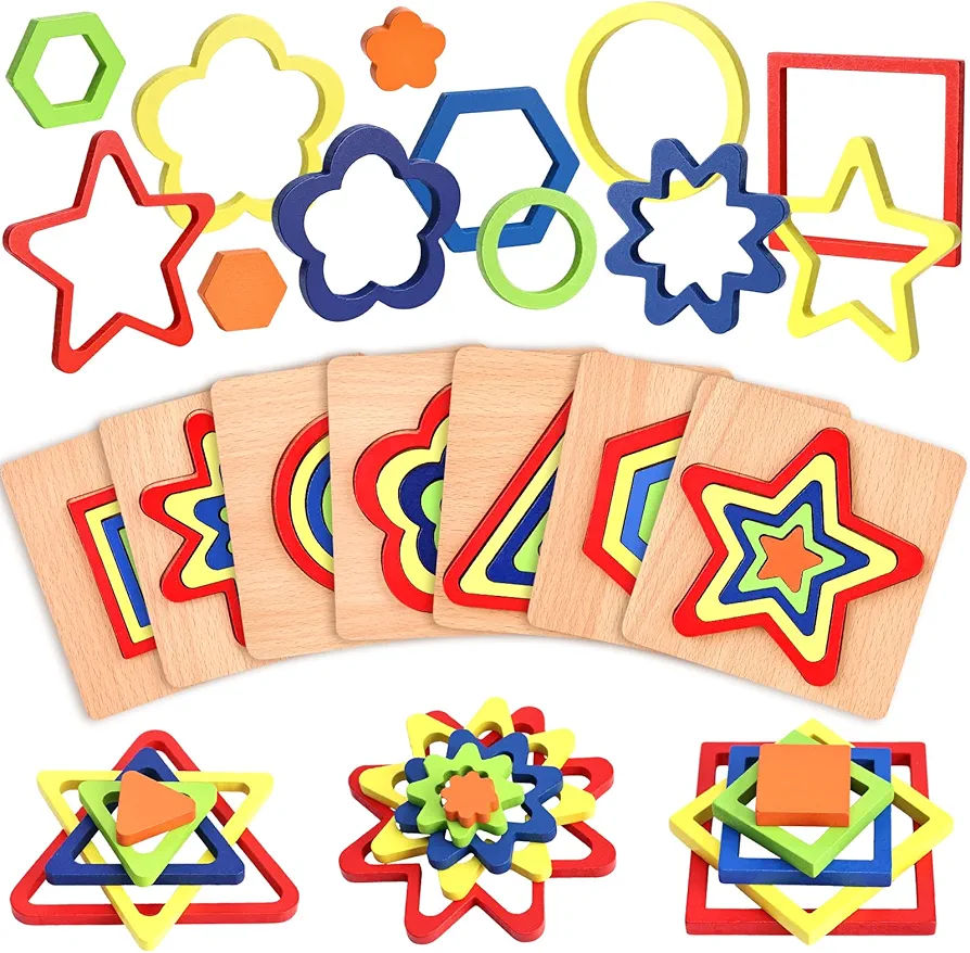 MCPINKY 7 Sets Wooden Shape Sorting Puzzles, Montessori Toys Kids Puzzles Preschool Wooden Sensory Toys Age 1-3