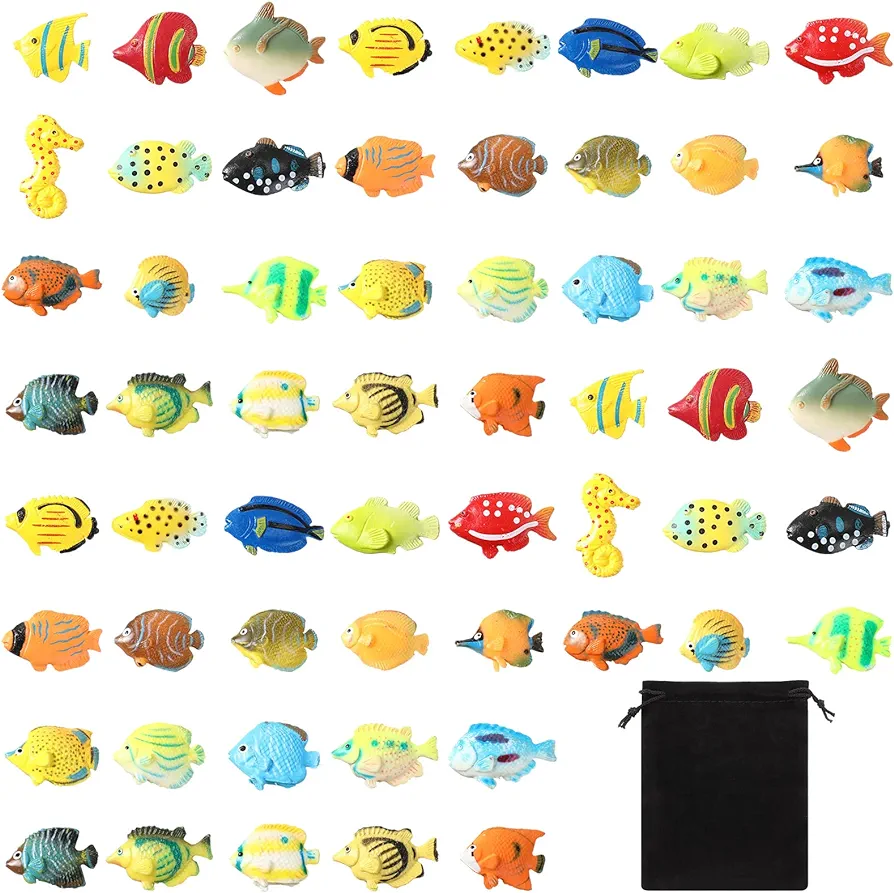 Lewtemi Fish Figure Play Set with Fake Small Assorted Tropical Tiny Fish Figurines Toys with Black Storage Bag for Sea Animals Themed Party Favors, 2 Style, 59 Pcs, Plastic