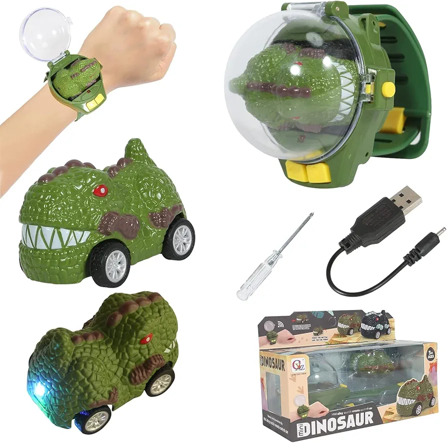 Long-Range LED Mini Remote Control Toy Car with Watch Controller - Unleash Racing Fun for Kids of Ages 3-8 with Our USB Charging RC Car Toy (Dinosaur Green)