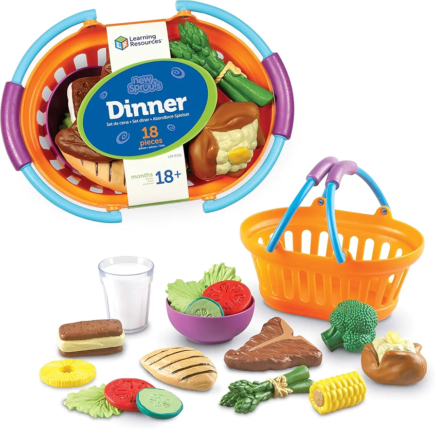 Learning Resources New Sprouts Dinner Food Basket - 18 Pieces, Ages 18+ Months Pretend Play Food for Toddlers, Preschool Learning Toys, Kitchen Play Toys for Kids