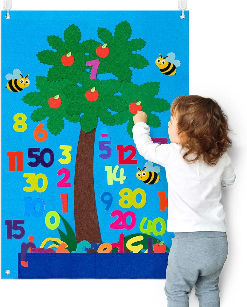 WATINC 77Pcs Letter Coconut Tree and Numbers Apple Tree Felt Story Board Set,Letters Number Early Education Storytelling, Board Stories Teaching Home Classroom Play for Preschool Kids Toddlers Kids