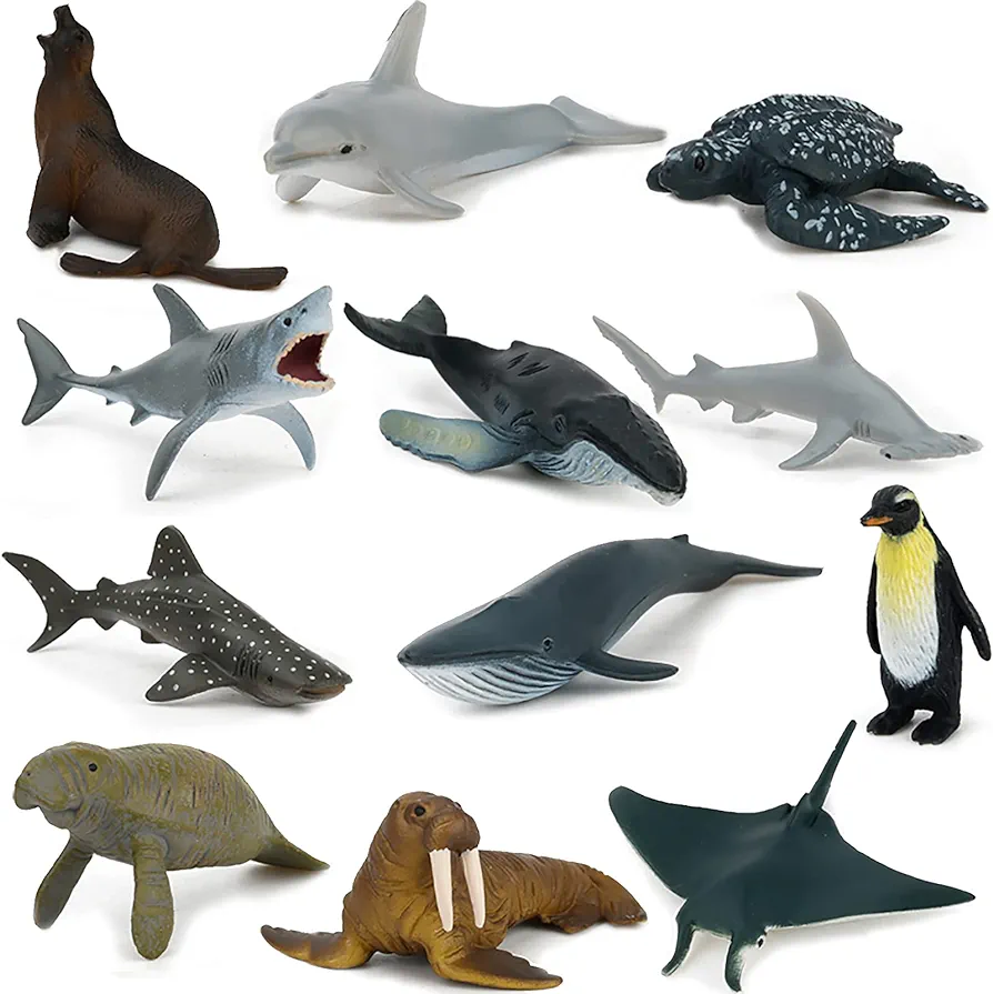 Sea Animal Toy Set,12 pcs Animal Sea Figures Ocean Toy for Kids, Realistic Set for Sea Lovers, Includes Great White Shark, Dolphin, White Shark, Whale for Age 3+