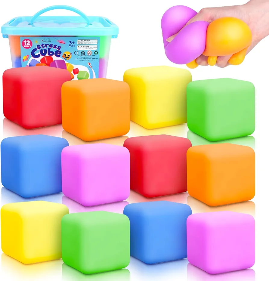 Stress Cube Fidget Toys for Kids: 12 Pack Squishy Stress Balls Dough Balls Preschool Classroom Must Haves Prize Box - Sensory Fidget Toys for Kids Adults Autism Calm Down