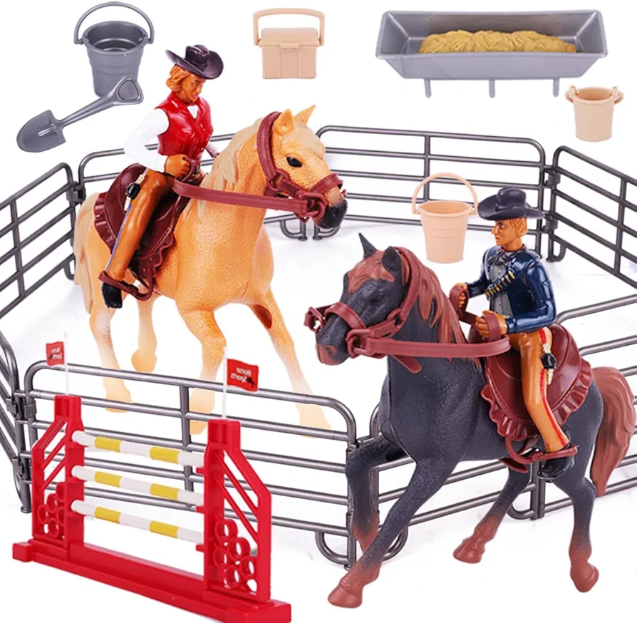 Western Rodeo Horse Toys for Girls and Boys - Cowboy Dodeo with Western Rider and Horse Figurine Fence Horse Toy Set Birthday Gift for Kids Toddlers Ages 3-7 Years Old