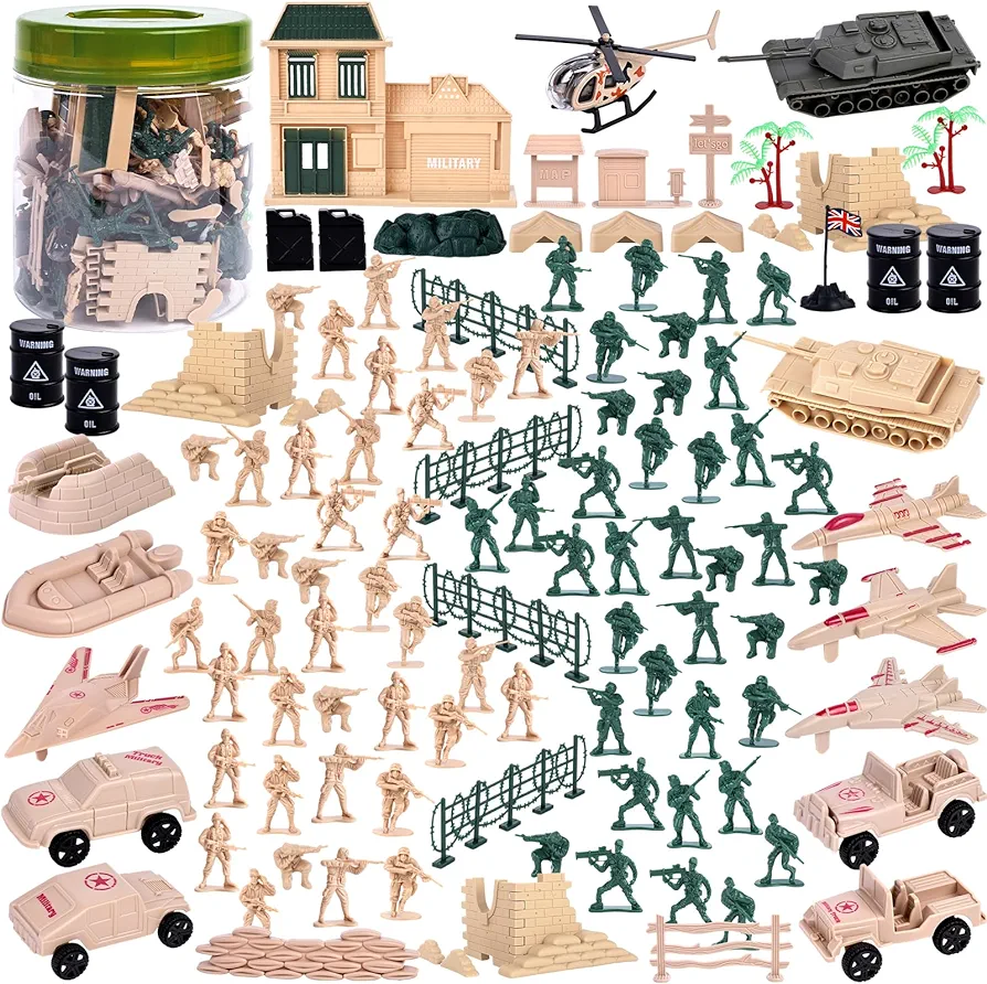 LovesTown 135PCS Army Men Military Set, Military Soldier Playset Army Men Play Bucket Army Action Figures Battle Group with Army Men Aircrafts Helicopters Tanks