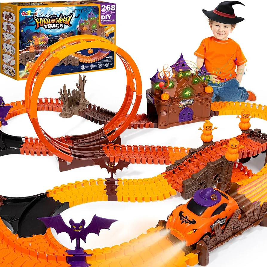 Halloween Race Track Toys for Kids - 268 PCS Halloween Flexible Car Tracks Set, Best Gifts for Toddler Boys 3 4 5 6 7 8 Years Old