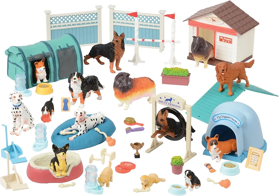 Kids 51-Piece Dog Academy Playset with Plastic Toy Dog Figurines, Pretend Play Animal Toys with Dogs, Puppies, and Accessories for Kids Ages 3+, Multicolor