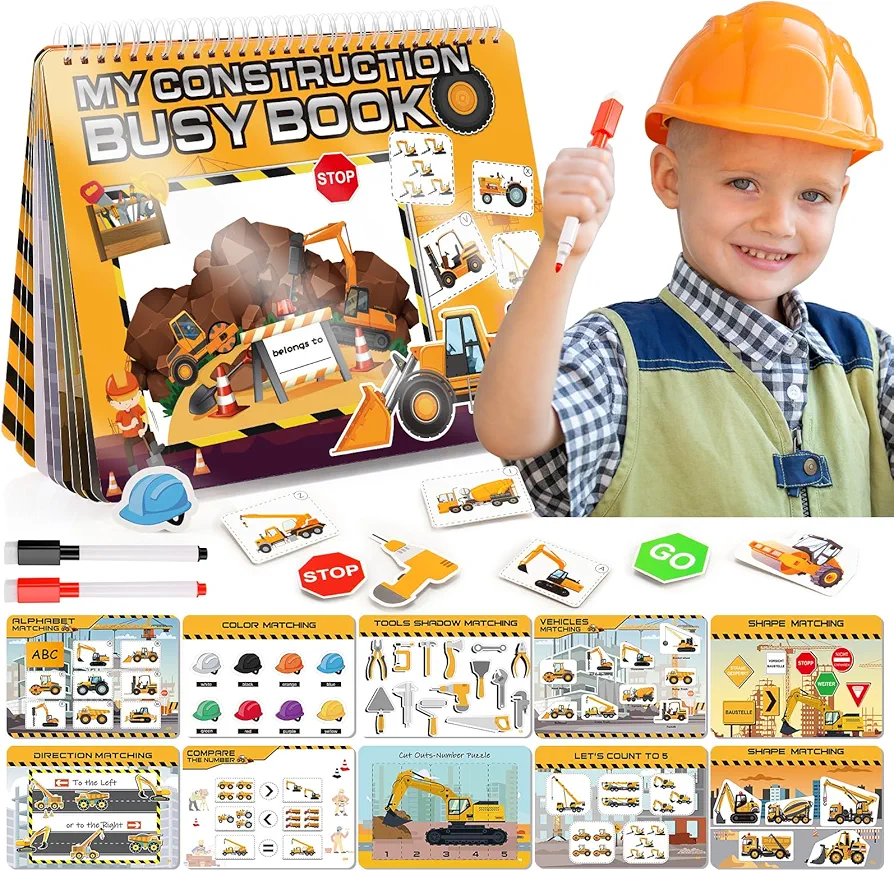 Boy Toys Montessori Toys for Toddlers, Newest Construction Vehicle Busy Book Kindergarten Learning Toys for 3-5 Year Olds Boys Girls Birthday Xmas Gifts for 3-5 Year Olds Boys Girls Autism Sensory Toy