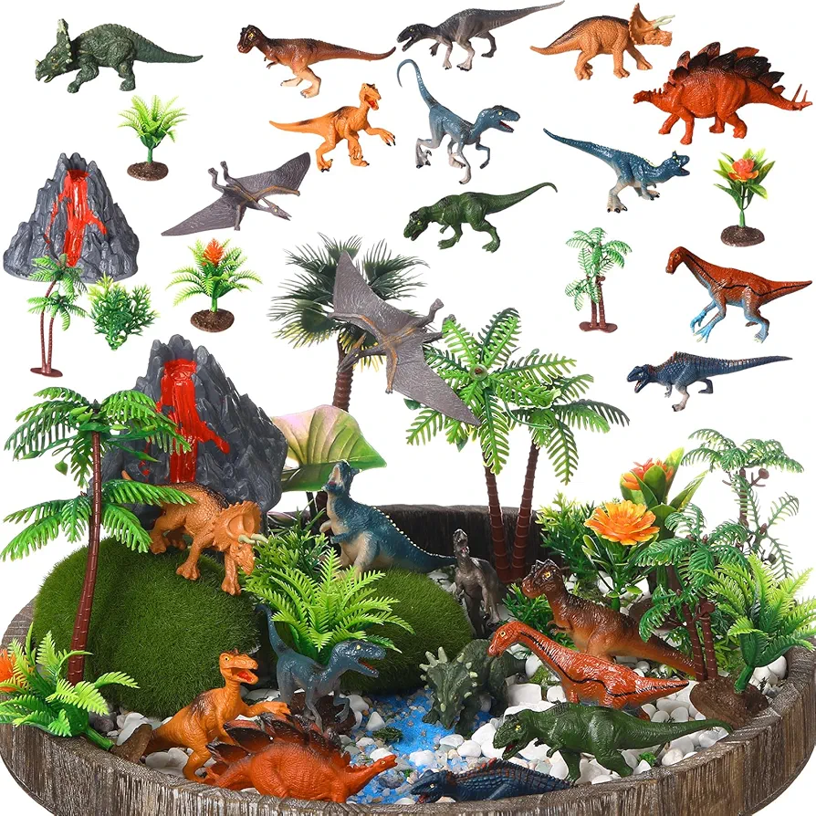 Sratte 26 Pcs Dinosaurs Toys Set Plastic Dinosaurs Figures Realistic Dinosaurs Model Trees Volcano Decor for Dinosaur Party Supplies Gift Cake Topper Diorama Project Decoration