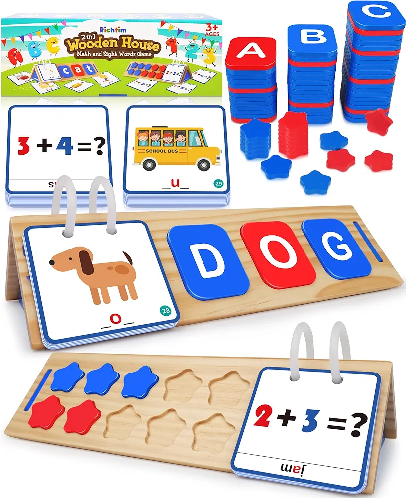 Wooden CVC Word Spelling Games, Math Addition Game, Sight Word & Math Flash Cards: Montessori Educational Toy for Kindergarten Homeschool Supplies Preschool Activities 3 4 5 6 Year Old Kids